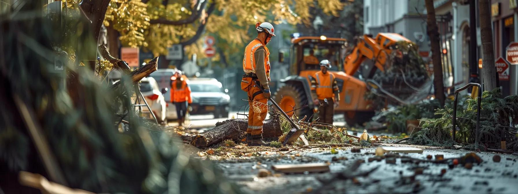 Tree removal crew in high-vis on a city street, arborist work